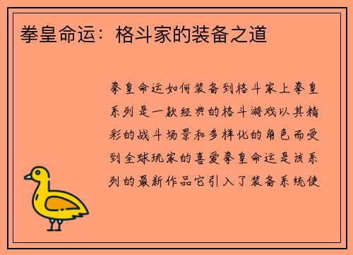 拳皇命运：格斗家的装备之道