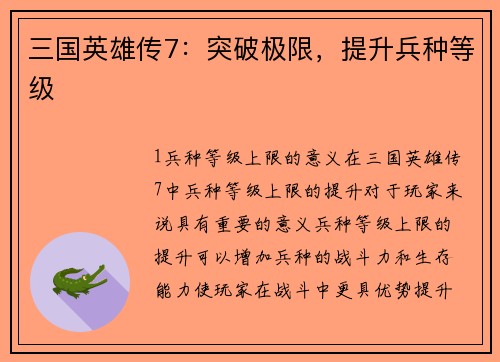 三国英雄传7：突破极限，提升兵种等级